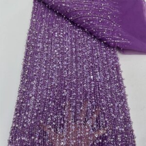 Luxury African Heavy Beaded Lace Fabric 2025 High Quality Nigerian Sequin Tulle Embroidery Lace Fabric Sewn For Wedding Dresses