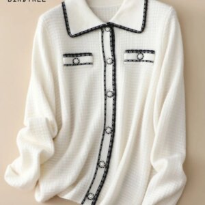 BirdTree, 100%Pure Cashmere Elegant Cardigans, Women Lapel Button, Fashion Loose Knit Sweater, 2024 Fall Winter Tops T48939QC