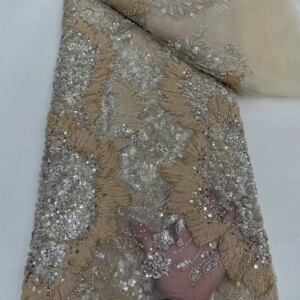 Latest Design African Elegant Handmade Beads Lace Fabrics Gold Luxury Nigerian Sequins Mesh Lace Fabric for Party Dresses Q383-1