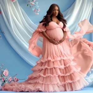 Pink Prom Dresses for Babyshower Tiered Sweetheart Maternity Gowns for Photo Pregnant Babyshower Photography Props Robe