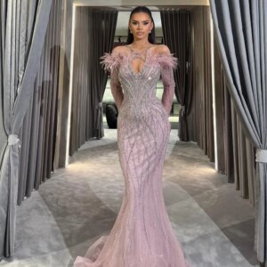Gorgeous Beaded Feathers Mermaid Long Evening Dress For Women Dreamy Off Shoulder Wedding Party Gown New Customized Prom Dresses