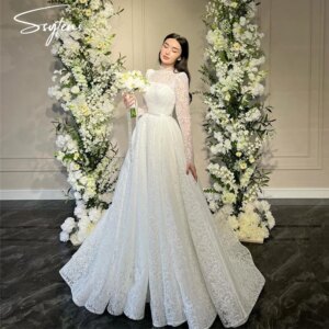 Elegant Long Sleeves A Line Princess Wedding Dress for Women High Neck Princess Evening Bridal Gowns Vestido de Novia Custom