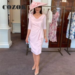 Elegant Short Pleated Pink Mother Of Bride Dresses Sheath Tea Length Formal Party Gowns فساتين حفلاتCustom BW24