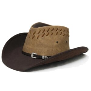 Men’s and women’s simple coffee belt made old leather large brimmed cowboy hat sunblock, sunshade waterproof warm top