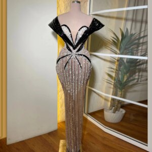 Customized Luxury Full Crystal Mermaid Evening Dress Off-Shoulder V Neck Prom Dress Beaded Sequins Floor Length Celebrity Dress