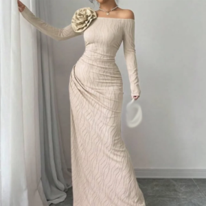 Customized Straight Prom Dresses Full Sleeve Boat Neck Evening Dresses Simple Stripe Draped Fashion Flower Sexy Backless