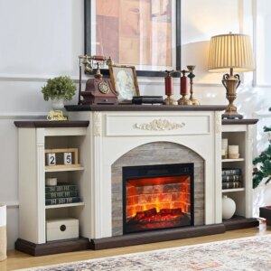 72″ Electric Fireplace with Mantel, Farmhouse TV Stand for TVs Up to 80 Inch, White Entertainment Center with Storage for Bedroo