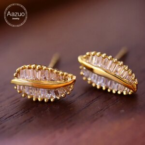 Aazuo Ins Fine Jewelry 100% 18K Yellow Gold Real Diamonds Lovely Mini Leaies Stud Earring Gifted For Lady & Kids Birthday Party