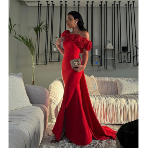 Fashion Chic Luxury Red Evening Party Dresses Off the Shoulder Floor Length Sleeveless Slim Fit Fancy Flowers Women Prom Gowns