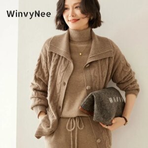 WinvyNee Women Cashmere Merino Wool Cardigans Sweaters Sailor Collar Twist Pattern Thick Casual Winter Outerwears Coats B1264039