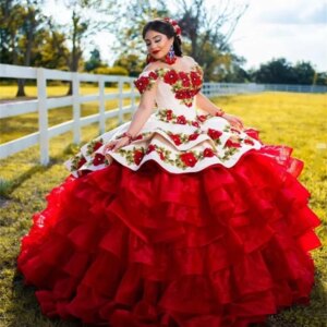 2025 Mexica Red Charro Quinceanera Dresses Off Shoulders Plus Size Flower Beaded Fifteen Vestidos De Xv Año Tiered Ruffles Gowns