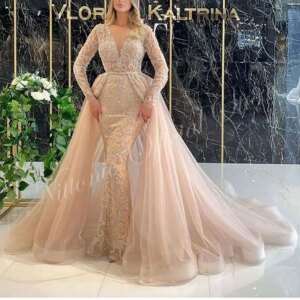 Luxury Long Prom Dresses for Woman Beads Sequined V-Neck Floor-Length Mermaid Evening Party Formal Occasion Customize