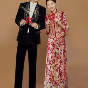 Women Dragon Phoenix Embroidery Chinese Velour Wedding Dress Elegant Mandarin Collar Marriage Cheongsam Toast Clothing