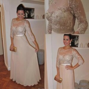 Vintage Evening Dress 2025 Beads Pearls Lace 3/4 Sleeves Floor Length Chiffon Formal Prom Gowns Customed Robe De Soirée