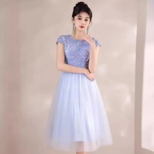 Sky Blue Party Skirt 2025 New Simple Fashion Sequined Round Neck Short Sleeve Pleated Fluffy Skirt Formal Dress Women Elegant