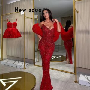 2025 Red Mermaid Prom Dresses Crystals Beaded Evening Dress Customized Party Second Reception 50th Birthday Engagement Gowns