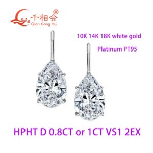 10k/14k/18k white gold or PT950 pear-shaped HPHT lab diamond earrings, D color, VS1 clarity, 1ct/0.8ct, classic 4-claw studs.