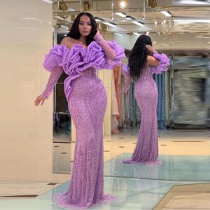 Luxury Pearls Beaded Prom Dress Ruched Off The Shoulder Long Sleeves Lace Evening Gowns Floor Length Women Formal Party Dress