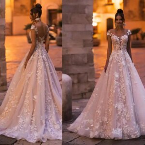 Princess A Line Evening Dress Appliques O Neck Short Sleeve Prom Gowns Tulle Floor Length Quinceanera Party Dresses Customized