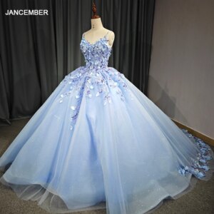 Jancember Customization Exquisite Blue Quinceanera Dresses Sequins Ball Gown V-neck Appliques Beading فساتين Quinceanera DY5682