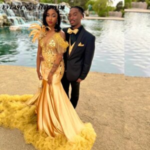 EVLAST Customized Glitter 2025 Gold Prom Dress Ruffles Crystal Beaded Black Girls High Slit Special Occasion Party Gown E3P346