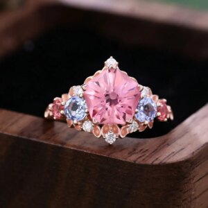 Provence 10K Rose Gold Cluster Ring Pentagon Lab Pink Sapphire With Bule Sapphire Moissanite Diamonds For Women Engagement Ring