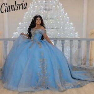 Light Blue Off The Shoulder Quinceanera Dresses Ball Gown Gold Appliques Lace Corset Vestidos De XV Anos