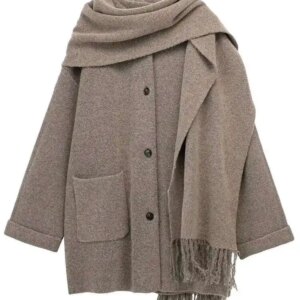 ZMEENNA Coffee Scarf Big Size Knitting Cardigan Sweater Loose Fit V-Neck Long Sleeve Women New Fashion Spring Autumn 2024 ZM270