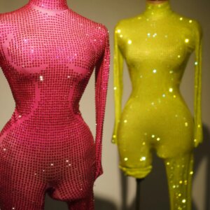 Female Shiny Diamond Long Sleeve One Piece Bodysuit Sexy Stage Dance Pole Romper Luxury Women Party Prom Rhinestone Jumpsuits