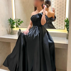 Elegant Long Black One Shoulder Satin Prom Dresses Short Sleeves A Line Sweep Train  فساتين للمناسبات الرسمية