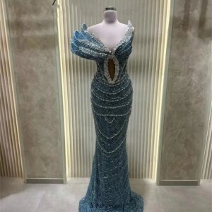 New Fashion Blue Mermaid Celebrity Dresses Dubai Beading Crystals Women Evening Dresses Christmas Pageant Party Dress Customized