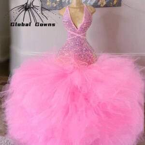 Pink Sequin Long Prom Dress Black Girls 2024 Halter Evening Gown Ruffles Backless Birthday Party Gowns Robe De Bal Customized