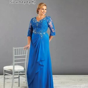 Elegant Blue Long Mother Of The Bride Dress V-Neck Lace Appliques Beaded Groom Mom Formal Wear Customized Wedding Party Gown