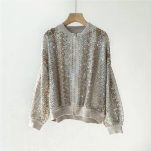 Women’s 25 Spring/Summer New High Quality Fish Scale Sequin Half High Neck Knitted Cardigan
