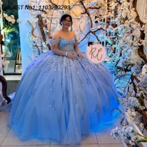 EVLAST Customized Glitter Blue Ball Gown Quinceanera Dress Floral Applique Beading Corset Sweet 16 Vestidos De 15 Anos E1Q898