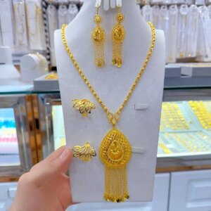 New Dubai 24K Gold Plated Necklace, Earrings, Rings for Women’s Romantic Wedding Parties, Jewelry Set for Mothers YY10555