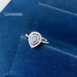 LUOWEND 100% 18K White Gold Rings Shiny Water Drop Shape 0.38carat Real Natural Diamond Engagement Ring for Women Fine Jewelry