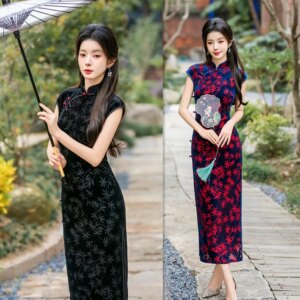 Fashion Improvement New Chinese Style Long Velvet Sleeve Cheongsam Qi Pao Winter Young