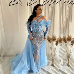 Off The Shoulder Long Sleeve Prom Dresses Feathers Beading Mermaid Detachable Train Sweetheart Evening Gowns Formal Occasions