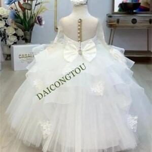 CustomizedWhite First Communion Dress | Long Sleeve Lace Pageant Gown | Fluffy Crushed Tulle Flower Girl Dress with Big Satin Bo