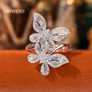 LUOWEND 100% 18K White Gold Rings Luxury Butterfly Shape 0.76carat Real Natural Diamond Engagement Ring for Women High Jewelry