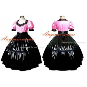 fondcosplay adult sexy cross dressing sissy maid Gothic Lolita Punk pink thin Pvc shirt black skirt Costume CD/TV[G309]