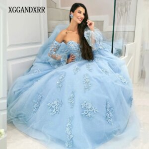 Customized Sky Blue Ball Gown Quinceanera Dresses 2024 3D Floral Lace Tulle Vestidos De 15 Años Quinceañeras Sweet 16 Dress