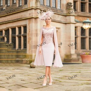 Customized Romantic Lace Appliques Wedding Guest Gowns Midi Cap Sleeve Sheath Mother Of The Bride Dress Pink Jersey Party Dresse