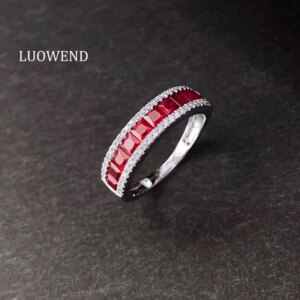LUOWEND 100% 18K White Gold Rings Elegant Simple Style Shiny Diamond Natural Ruby Engagement Ring for Women High Wedding Jewelry