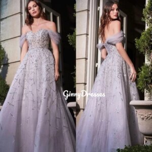Customized Luxury Grey Glitter Beading Tulle Evening Dresses A Line Sleeveless Sweetheart Sweep Train Backless Prom Gowns Vestid
