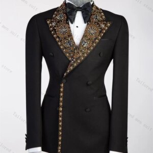 Crystals Men Suit Set 2 Pieces Black Blazer+Pant Formal Work Office Male Jacket Groom Wedding Tuxedos Prom Cotton Coat Trousers