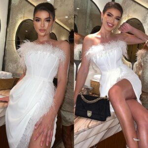 Customized Saudi Arabia Evening Jersey Feather Ruched Clubbing A-line Strapless Bespoke Occasion Gown Mini Dresses