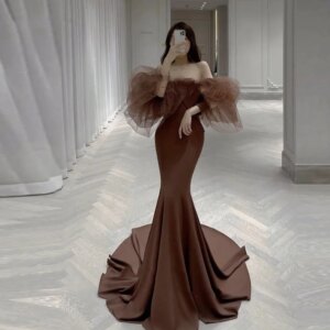 Elegant Mermaid Evening Dresses Sweetheart Puff Sleeves Dotted Tulle Stretch Satin Prom Gowns Pageant Formal Party DressCL-523