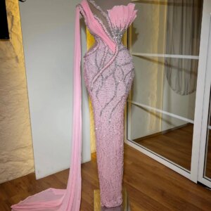2025 Customized Pink Party Dress For Wedding Sparkly Crystals One Shoulder Long Prom Dresses Robes De Soirée Arabic Evening Gown